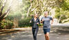 Zwei Menschen joggen im Park.